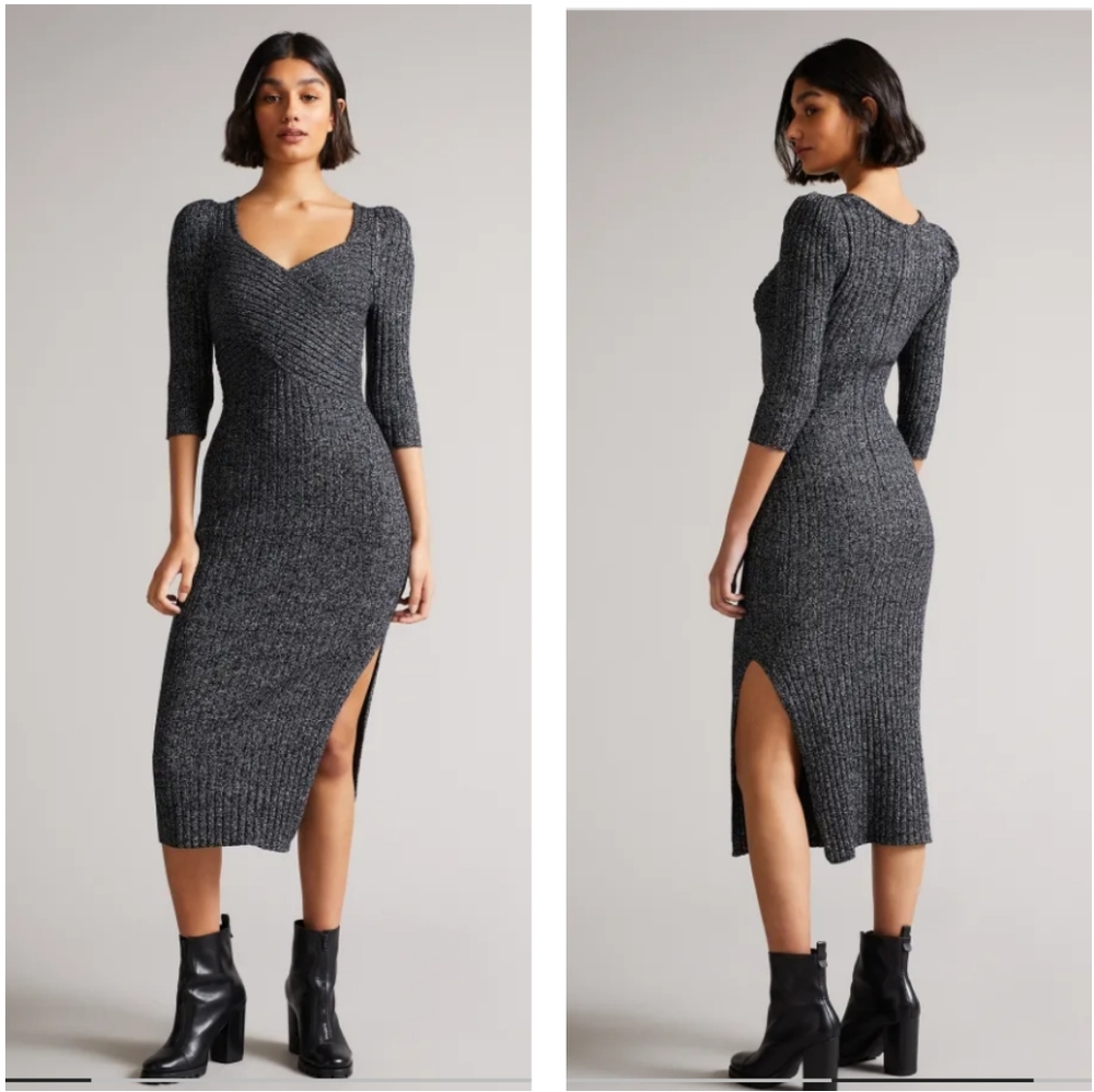 NWOT TED BAKER London Chelsiy Cashmere Wool Blend Gray Knit Midi Dress Size 5.